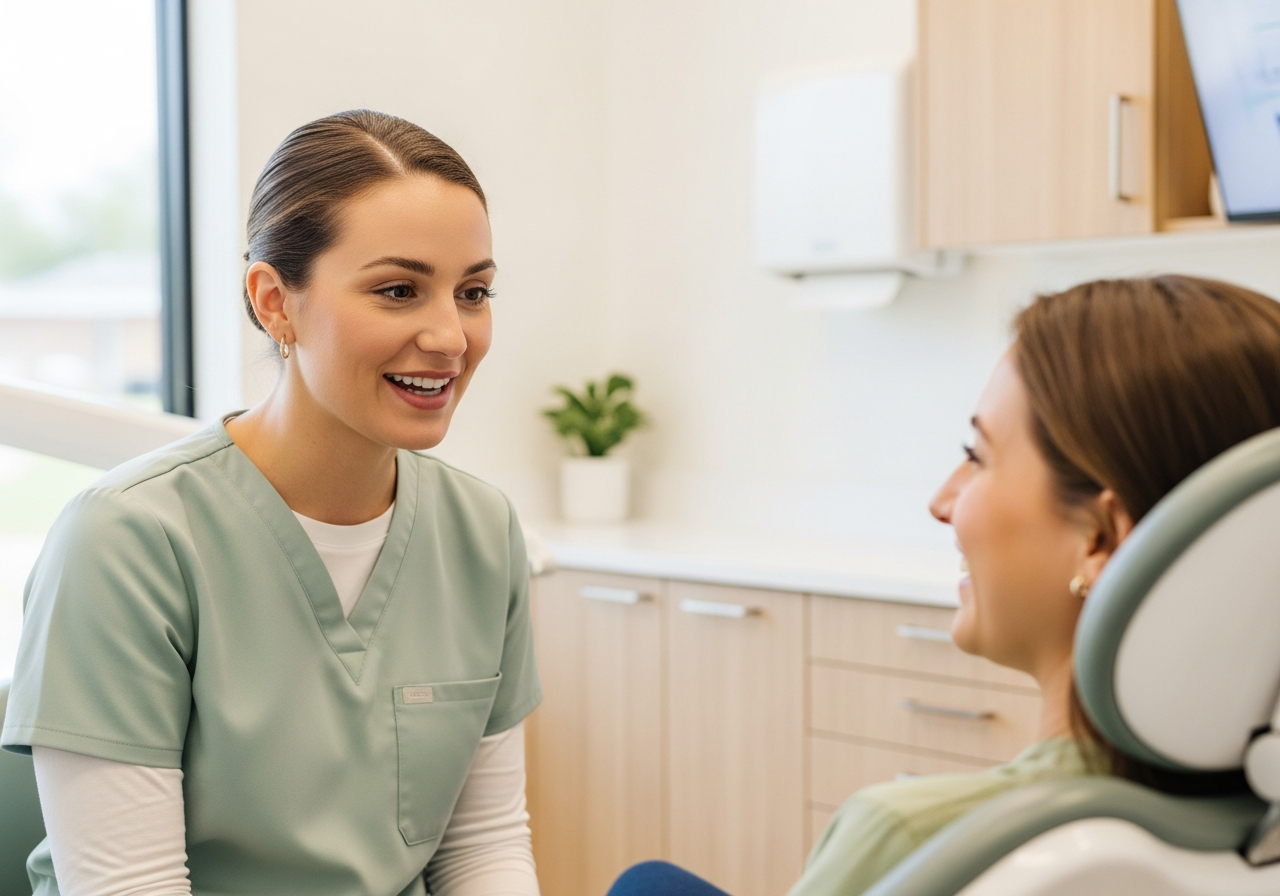 Una dentista revisando el plan de un paciente, con Riiva trabajando los reclamos detras